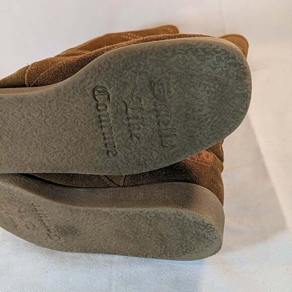Juicy Couture Brown Faux Suede Moccasin Boots Knee High Tan Embroidered Y2K 8.5 - Picture 12 of 16